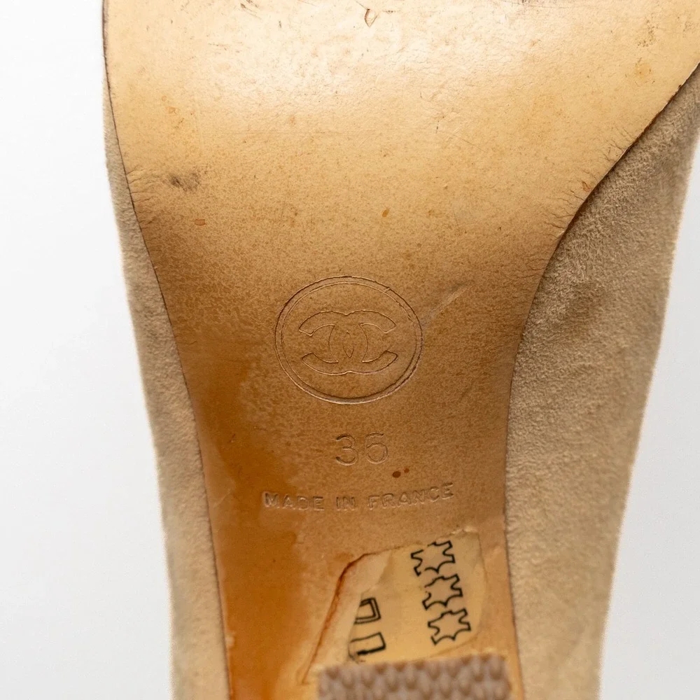 Vintage Chanel Beige Brown Quilted Cap Toe Suede Block‎ Heel PUMPS Size EU36/US6